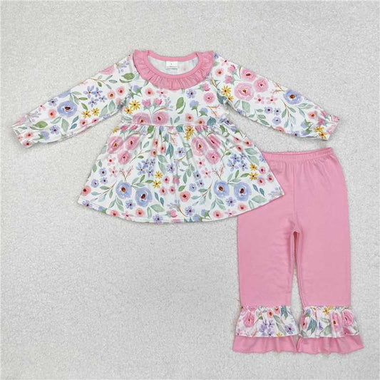 RTS NO MOQ Baby Girls Long Sleeve Outfits GLP1699 Pink Lavender Ruffle Flowers Tunic Pants Clothes Sets
