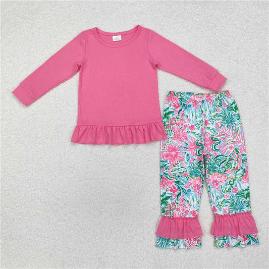 RTS NO MOQ Baby Girls Long Sleeve Outfits GLP1461 Pink Cotton Shirt Rose Seaweed Pants Clothes Sets