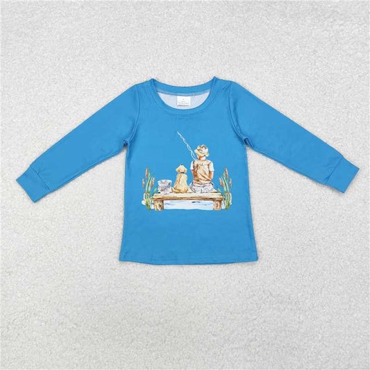 RTS NO MOQ Baby Boys Long Sleeve BT0895 Blue Dog Fishing Hunting Tops