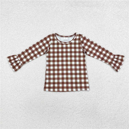 RTS NO MOQ Baby Girls Long Sleeve GT0738 Brown Checkered Ruffle Tee Shirts Tops