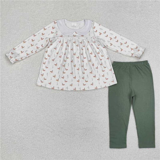 RTS NO MOQ Baby Girls Long Sleeve Outfits GLP1598 Fall Ducks Tunic Top Green Legging Clothes Sets