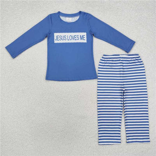 RTS NO MOQ Baby Boys Sets BLP0766 Blue Stripes Jesus Loves Me Top Pants Clothes Sets