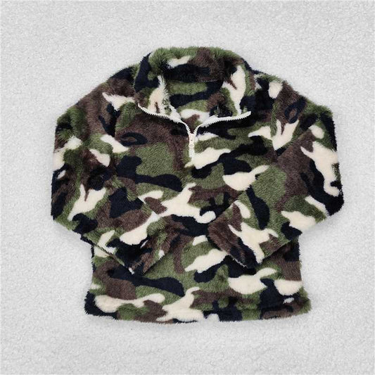 RTS NO MOQ Baby Boys Long Sleeve BT0737 Green Camo Winter Zip Pullovers Tee Tops