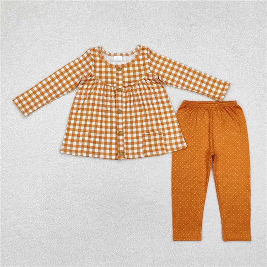 RTS NO MOQ Baby Girls Long Sleeve Outfits GLP1895 Fall Khaki Checked Tunic Legging Clothes Sets
