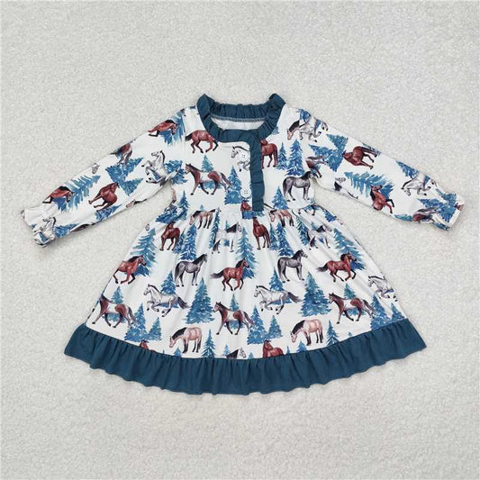 RTS NO MOQ Baby Girls Long Sleeve GLD0675 Christmas Western Horse Ruffle Knee Length Dresses