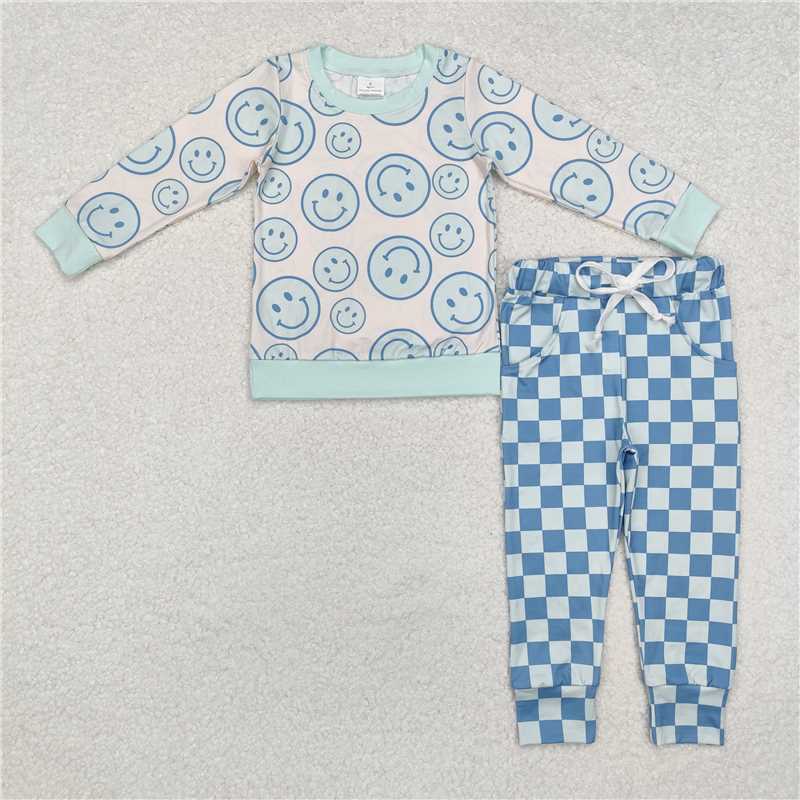 BLP0798 Baby Boys Smile Green Top Checkered Pants Outfits Sets