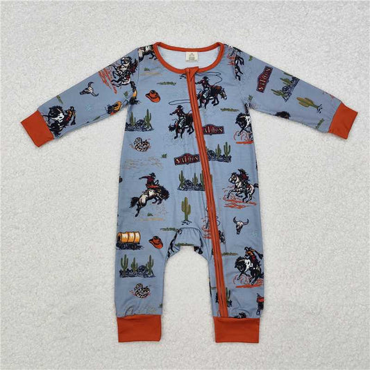 5.15 RTS NO MOQ Baby Boys Bodysuit LR1858 Western Cactus Rodeo Zip Long Sleeve Rompers