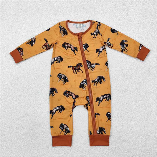 5.15 RTS NO MOQ Baby Boys Bodysuit LR1857 Western Brown Horse Zip Bamboo Rompers