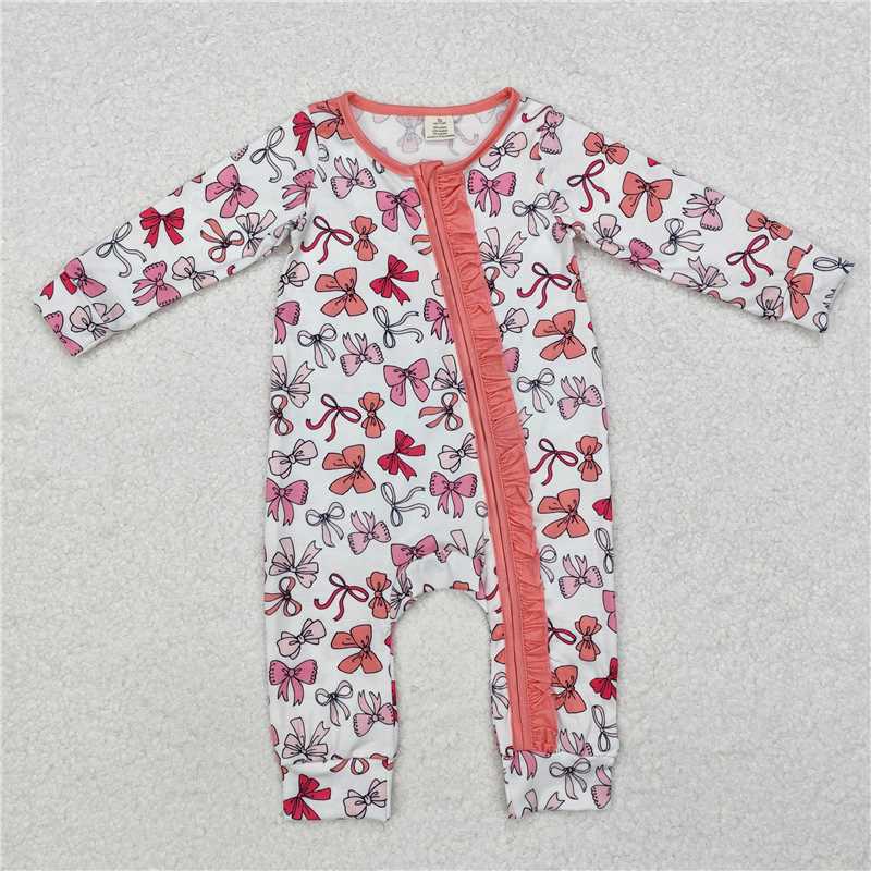 5.19 RTS NO MOQ Baby Girls Bodysuit LR1905 Valentines Pink Bows Zip Bamboo Rompers