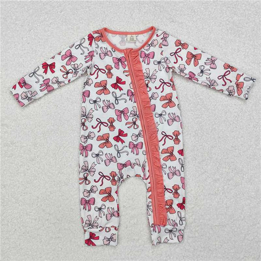 5.19 RTS NO MOQ Baby Girls Bodysuit LR1905 Valentines Pink Bows Zip Bamboo Rompers