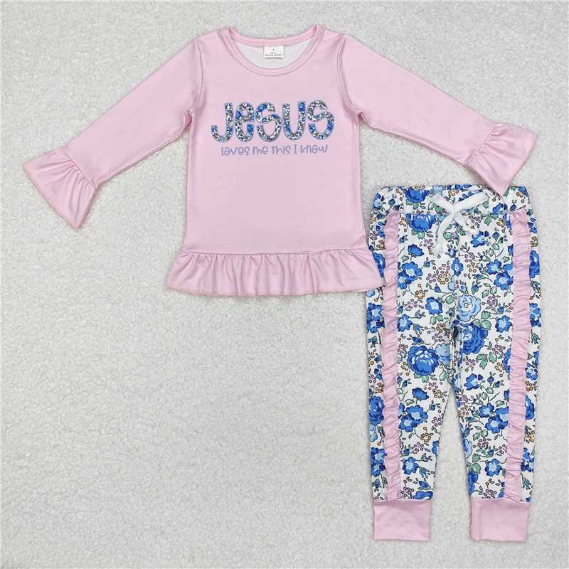 RTS NO MOQ Baby Girls Long Sleeve Outfits GLP1670 Pink Jesus Top Ruffle Floral Pants Clothes Sets