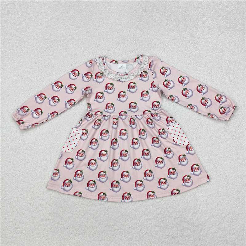 RTS NO MOQ Baby Girls Long Sleeve GLD0839 Christmas Pink Santa Pockets Knee Length Dresses