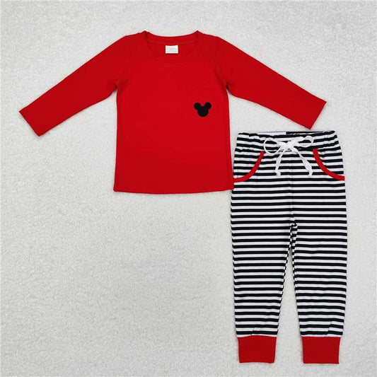 5.28 RTS NO MOQ Baby Boys Sets BLP0796 Red Mouse Pocket Top Stripes Pants Outfits Sets