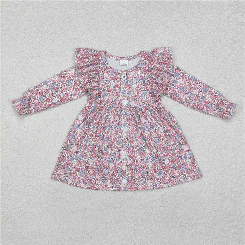 RTS NO MOQ Baby Girls Long Sleeve GLD0857 Flowers Ruffle Knee Length Dresses