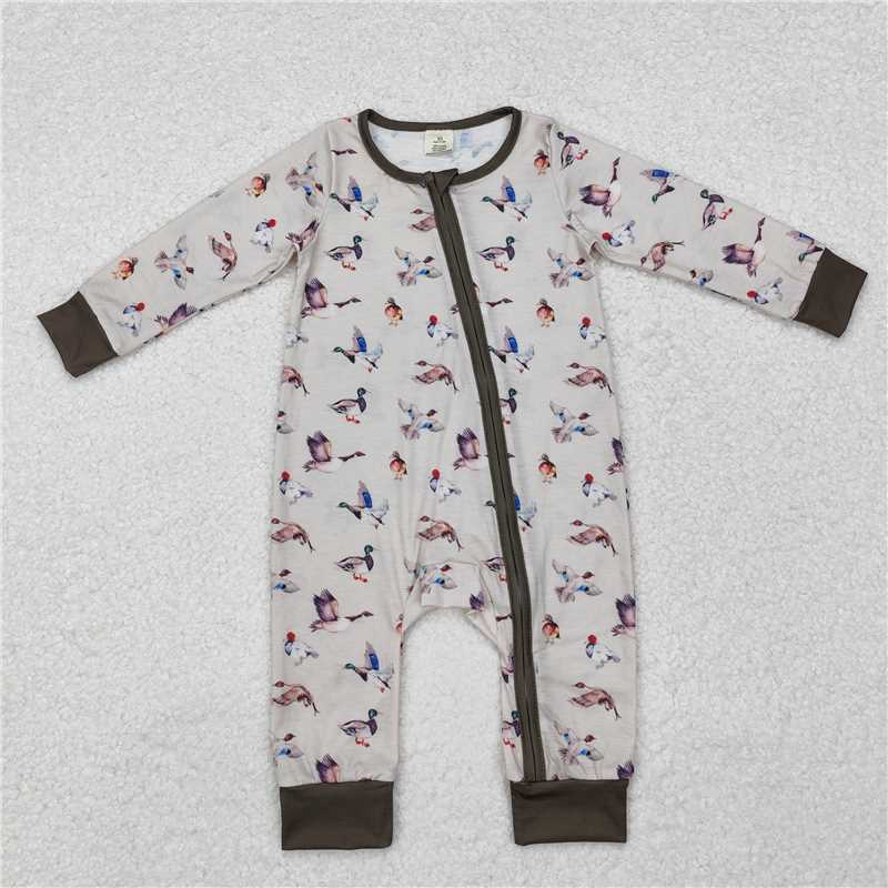 5.15 RTS NO MOQ Baby Boys Bodysuit LR1880 Grey Fall Ducks Bamboo Hunting Zip Rompers