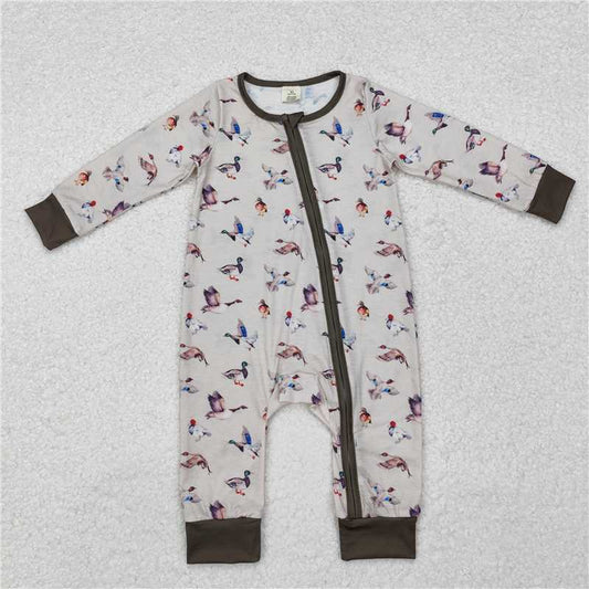 5.15 RTS NO MOQ Baby Boys Bodysuit LR1880 Grey Fall Ducks Bamboo Hunting Zip Rompers