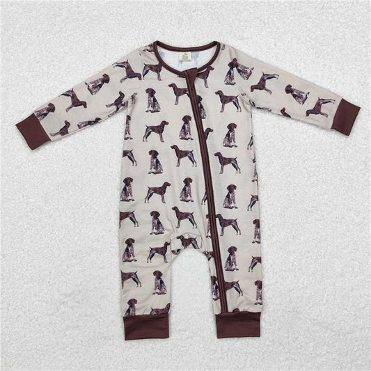 5.15 RTS NO MOQ Baby Boys Bodysuit LR1759 Brown Dogs Bamboo Long Sleeve Zip Rompers