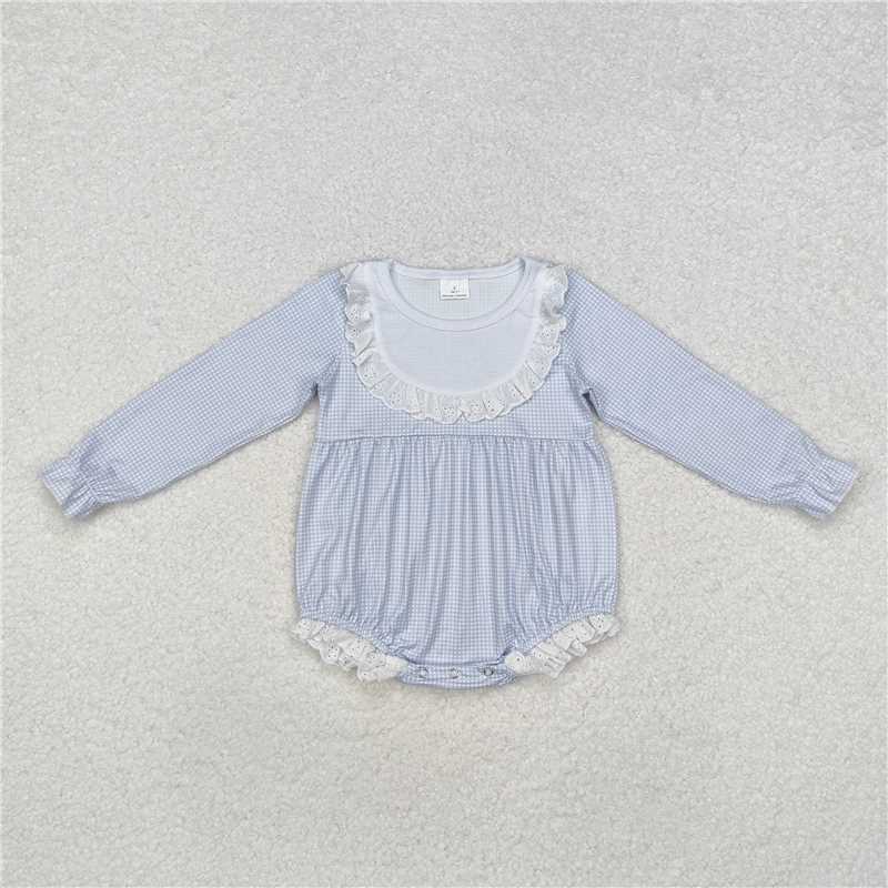 RTS NO MOQ Baby Girls Bodysuit LR0986 Light Blue Ruffle Bib Long Sleeve Rompers