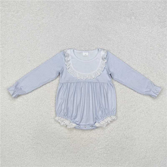 RTS NO MOQ Baby Girls Bodysuit LR0986 Light Blue Ruffle Bib Long Sleeve Rompers
