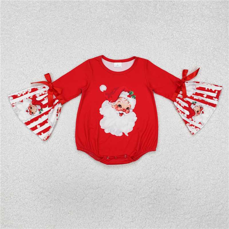 RTS NO MOQ Baby Girls Bodysuit LR1918 Christmas Santa Stripe Ruffle Long Sleeve Rompers