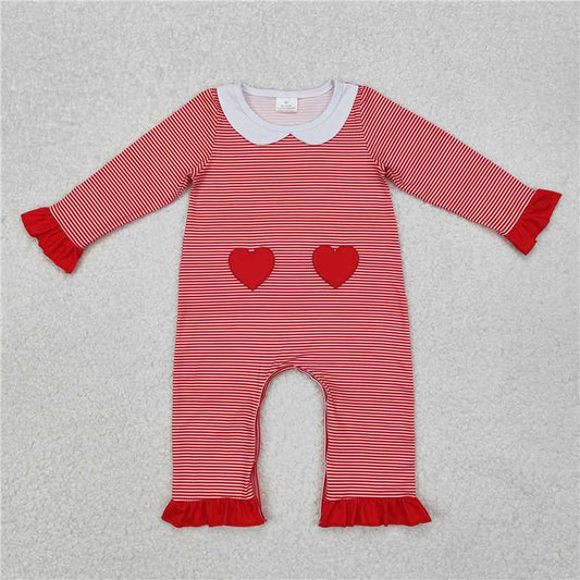 5.14 RTS NO MOQ Baby Girls Bodysuit LR2113 Valentines Red Stripes Long Sleeve Hearts Rompers