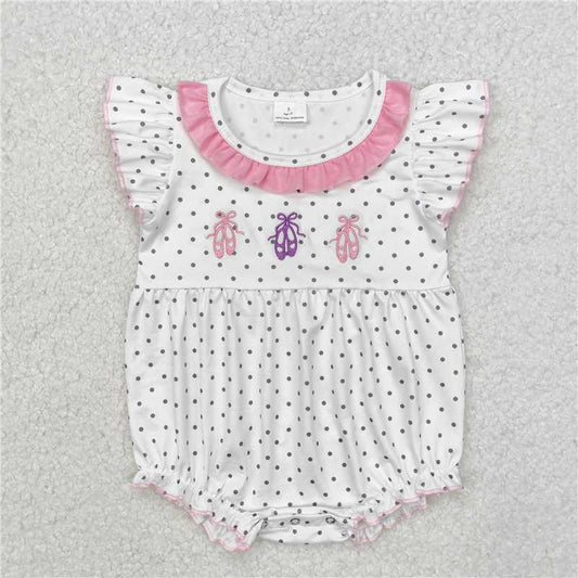 7.11 RTS NO MOQ Summer Baby Girls Bodysuit SR2119 Dots Ballet Shoes Flutter Sleeve Rompers