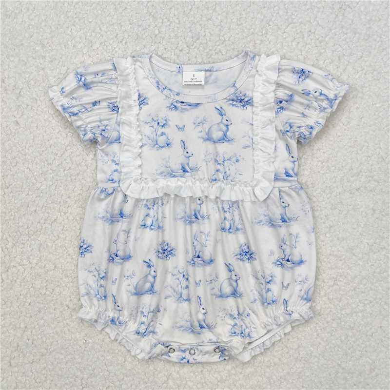 RTS NO MOQ Baby Girls Summer Bodysuit SR2143 Light Blue Easter Rabbits Butterfly Short Sleeve Rompers