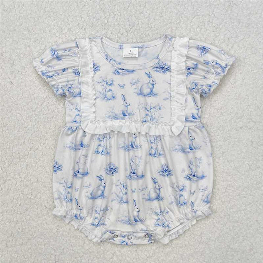 RTS NO MOQ Baby Girls Summer Bodysuit SR2143 Light Blue Easter Rabbits Butterfly Short Sleeve Rompers