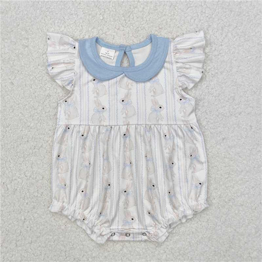 RTS NO MOQ Baby Girls Summer Bodysuit SR2132 Easter Blue Rabbits Flutter Sleeve Rompers