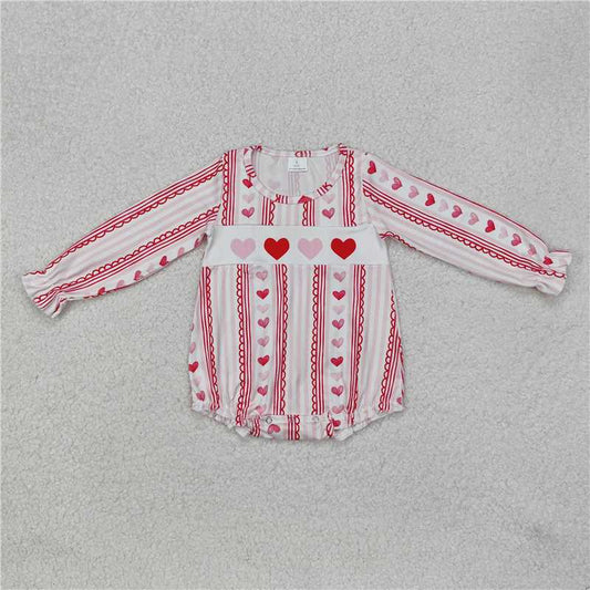 RTS NO MOQ Baby Girls Bodysuit LR2134 Valentines Pink Hearts Long Sleeves Stripes Rompers
