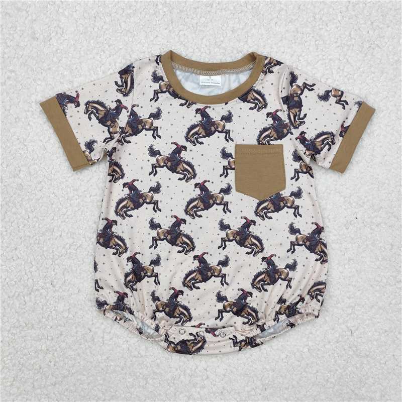 RTS NO MOQ Baby Boys Summer Bodysuit SR2085 Brown Rodeo Short Sleeve Pocket Western Rompers