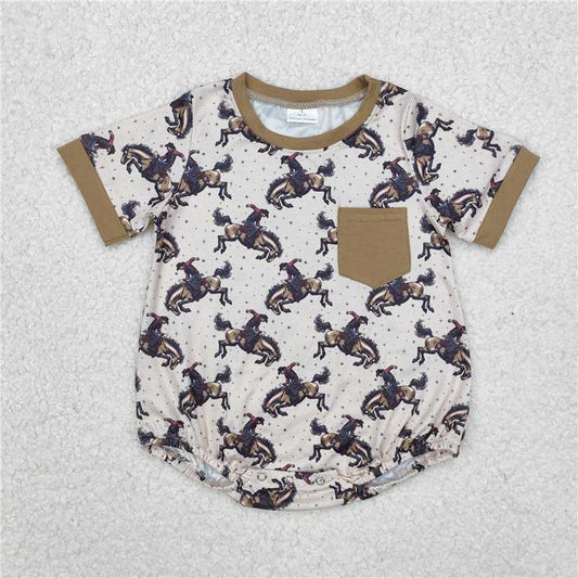 RTS NO MOQ Baby Boys Summer Bodysuit SR2085 Brown Rodeo Short Sleeve Pocket Western Rompers