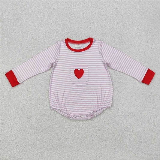 RTS NO MOQ Baby Boys Bodysuit LR1855 Pink Stripes Heart Pocket Long Sleeve Rompers