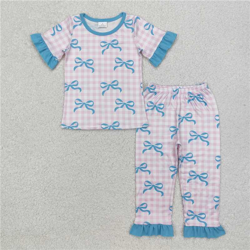 GSPO1736 Baby Girls Pink Checkered Bows Top Pants Pajamas Clothes Sets