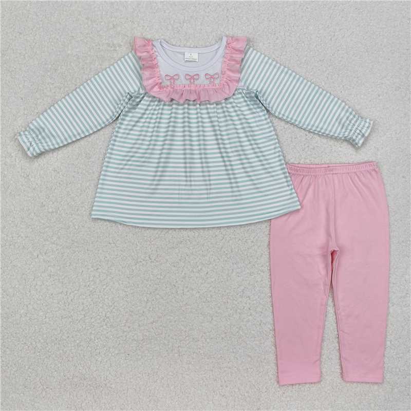 RTS NO MOQ Baby Girls Long Sleeve Outfits GLP2135 Green Stripes Bows Tunic Legging Clothes Sets