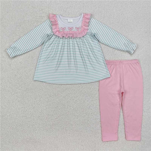 RTS NO MOQ Baby Girls Long Sleeve Outfits GLP2135 Green Stripes Bows Tunic Legging Clothes Sets