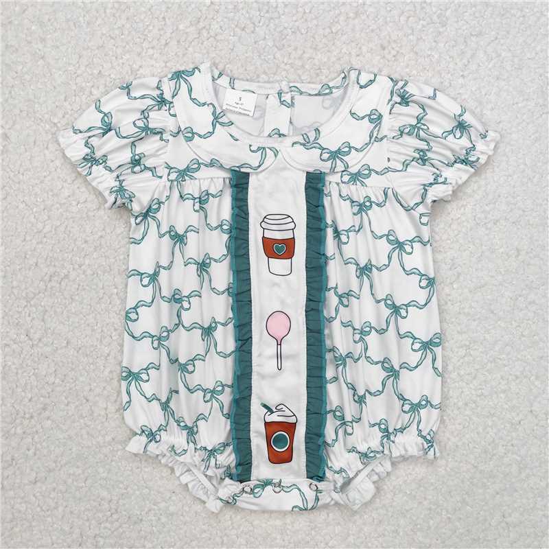 RTS NO MOQ Baby Girls Summer Bodysuit SR2281 Coffee Green Bows Short Sleeve Rompers