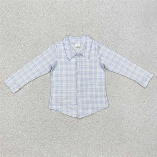 RTS NO MOQ Baby Boys Long Sleeve BT1075 Blue Checkered Buttons Tee Shirts Tops