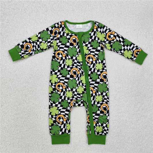 RTS NO MOQ Baby Boys Bodysuit LR2090 St Patrick Day Green Plaid Clover Zip Rompers