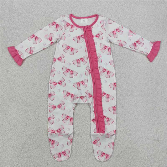 RTS NO MOQ Baby Girls Bodysuit LR1770 Long sleeves Pink Bows Ruffle footed zipper Rompers