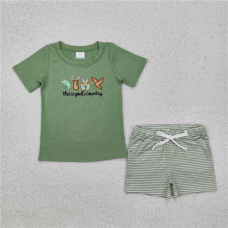 RTS NO MOQ Baby Boys kids Summer Sets BSSO1108 Fish Deer Vest Duck Green Short Sleeve Striped Shorts Set