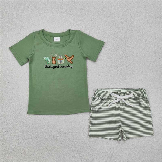 RTS NO MOQ Baby Boys kids Summer Sets BSSO1108 Fish Deer Vest Duck Green Short Sleeve Striped Shorts Set