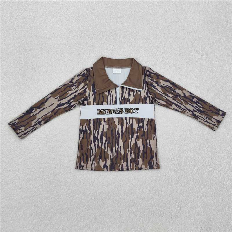 RTS NO MOQ Baby Boys Long Sleeve BT0971 Bottomland Camo Mama's Boy Zip Pullovers Tops