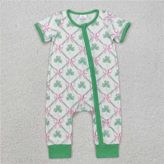 RTS NO MOQ Baby Boys Summer Bodysuit SR2109 St Patrick Quatrefoil Bows Zip Rompers