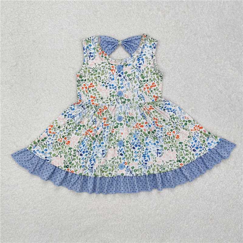 GSD1086 Baby Girls Blue Small Flowers Knee Length Dresses