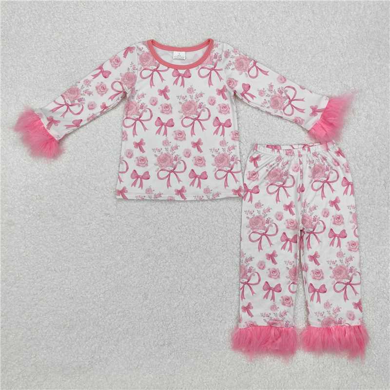 GLP2215 Baby Girls Valentines Pink Bows Fur Shirt Pants Pajamas Clothes Sets