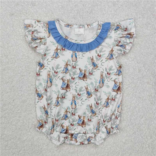 RTS NO MOQ Baby Girls Summer Bodysuit SR2287 Easter Rabbits Light Blue Flutter Sleeve Rompers