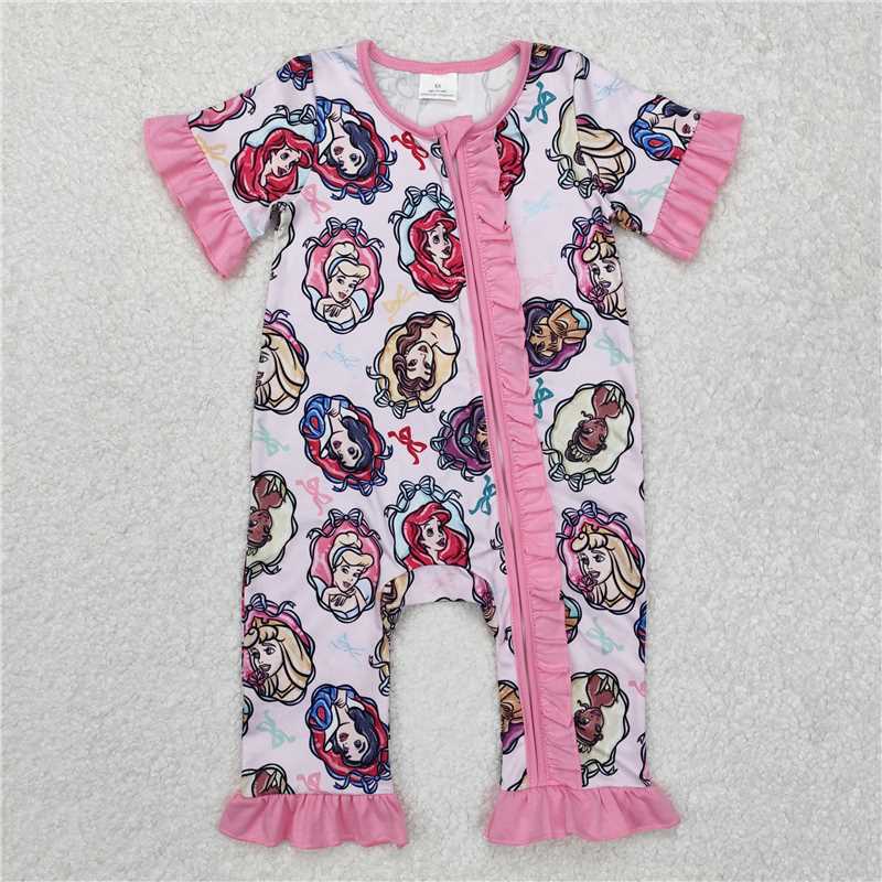 RTS NO MOQ Baby Girls Summer Bodysuit SR2309 Princess Ruffles Short Sleeve Pink Zip Rompers