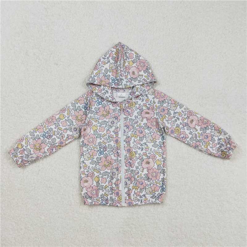 RTS NO MOQ Baby Girls Long sleeve GT0914 Spring Pink Flowers Hooded Zip Jacket Cardigan Tops