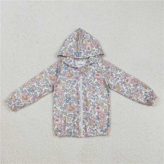 RTS NO MOQ Baby Girls Long sleeve GT0914 Spring Pink Flowers Hooded Zip Jacket Cardigan Tops